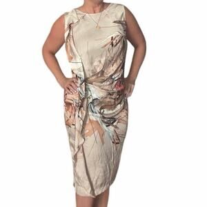 Escada Silk Blend Floral Draped Sheath Dress Beige Neutral Print Size 10